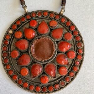 Nepalese Tibetan Vintage Tribal Pendant Necklace with Coral Stones, Heishi